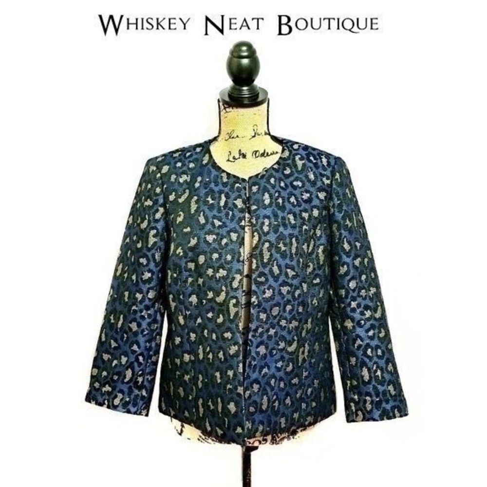 Anne Klein Blue Black Cheetah Jacquard Blazer Size Medium 6 0022